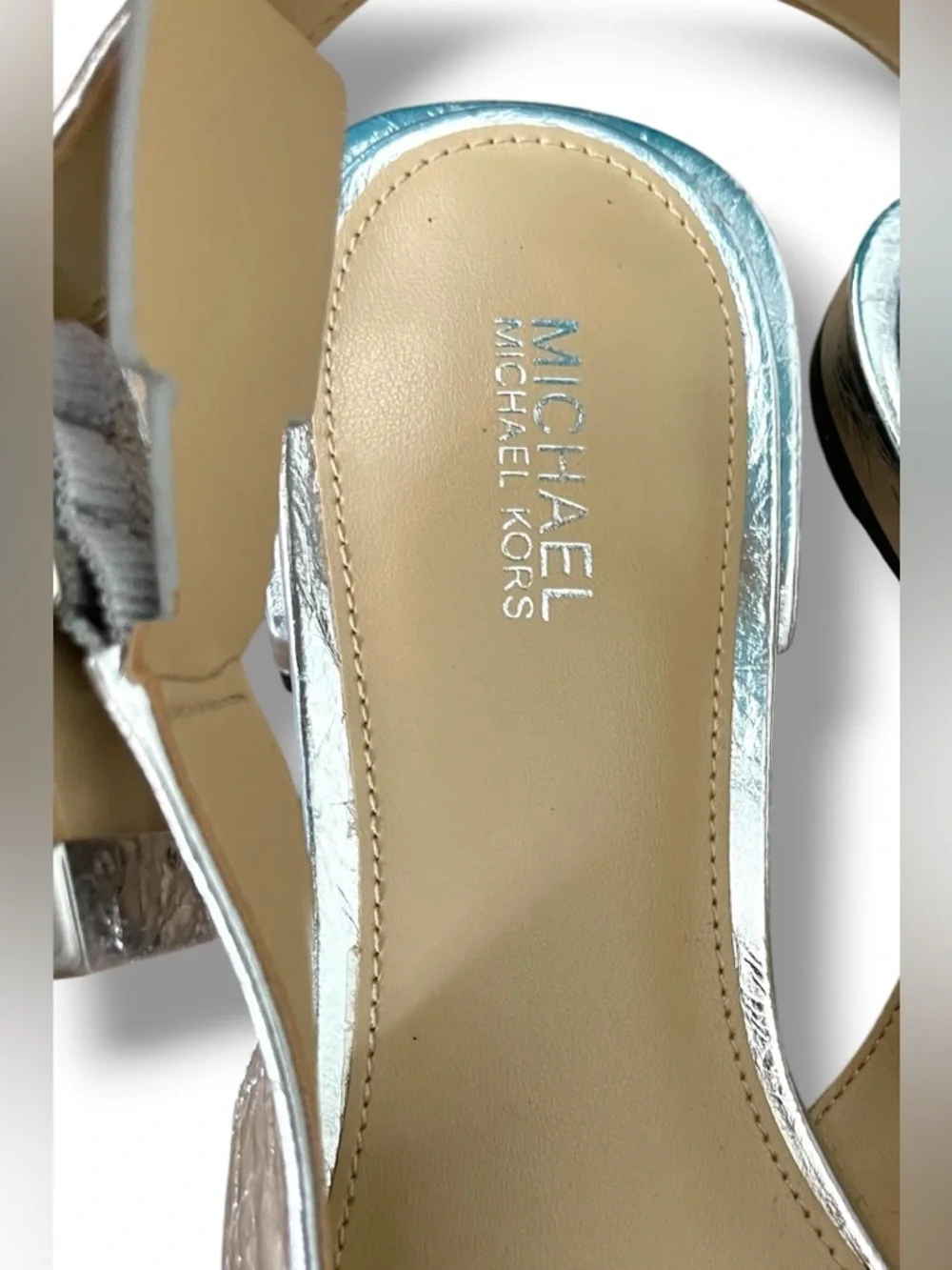 Michael Kors Silver Slingback Flats 7.5M Metallic Crackle Leather Pointed Toe